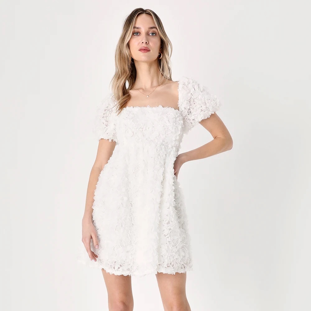 Lulu’s Precious Passion White Floral Puff Sleeve Babydoll Dress